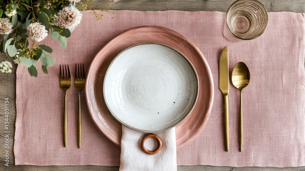 A beautifully arranged table showcases a pink plate atop a white one, accompanied by golden cutlery and a soft linen placemat. Delicate flowers add a touch of charm A beautifully arranged table showcases a pink plate atop a white one, accompanied by golden cutlery and a soft linen placemat. Delicate flowers add a touch of charm