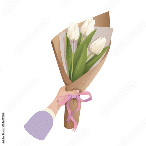 Hand holding white tulips bouquet. Ivory Tulip flowers in wrapping paper. Floral gift for Spring holidays floral decor, Mothers day, Womens day, Happy Birthday cards, postcards, banners, advertising.