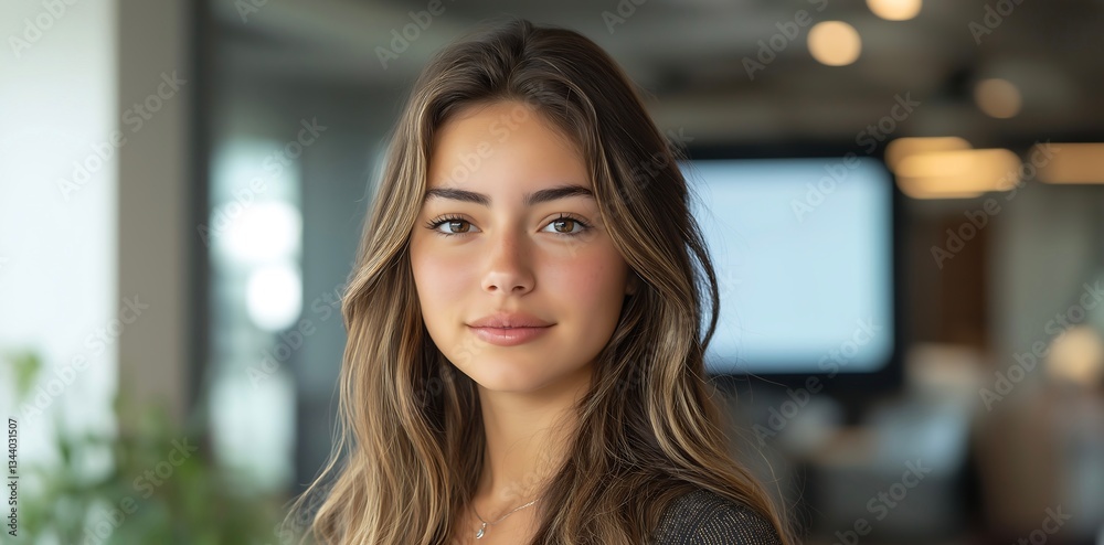 Fototapeta premium young and professional female employee, giving presentation background, generative ai