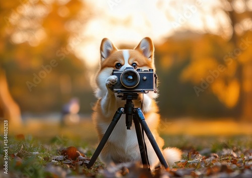 Corgi Puppy Photographer with Vintage Camera in Serene Spring Meadow