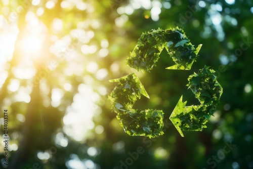 Recycling Symbol Made of Green Leaves in a Serene Natural Setting Symbolizing Sustainability and Earth Day photo