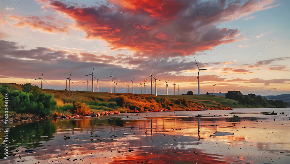 Obraz premium A large wind turbines stand tall on a hill, their blades contrasting against the cloudy sky. The sky is a mix of light and dark clouds, suggesting a partly cloudy day. 