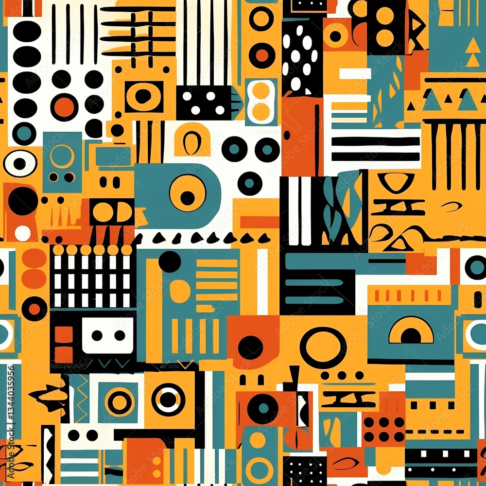 Abstract Geometric Seamless Pattern with Vibrant Orange Teal and Black Shapes Abstract Geometric Seamless Pattern with Vibrant Orange Teal and Black Shapes