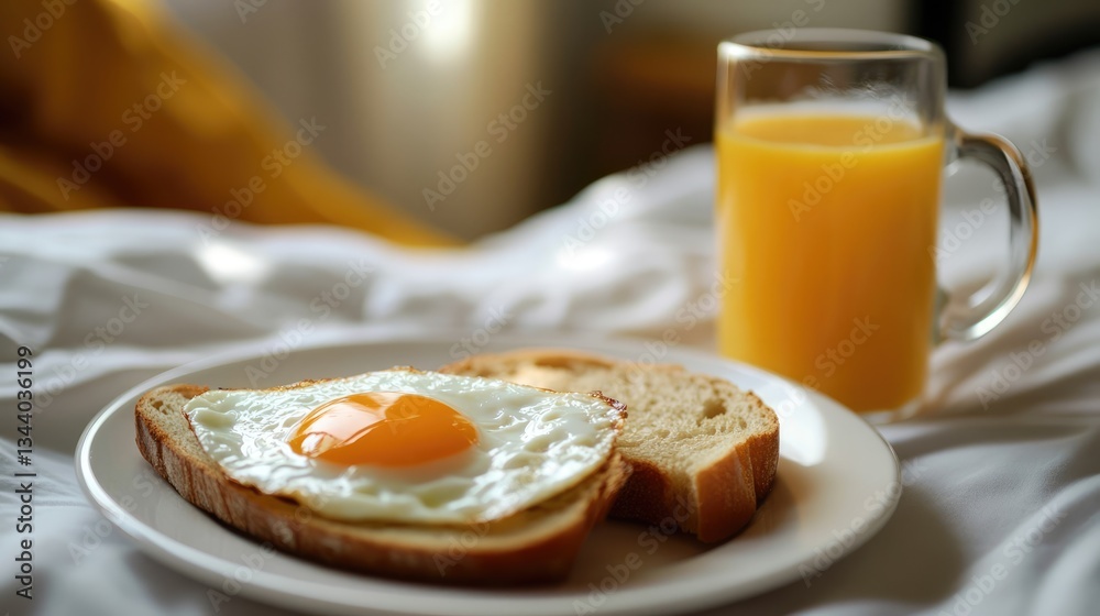 A cozy breakfast scene featuring a sunny-side-up egg on toast with a glass of orange juice in a warm setting A cozy breakfast scene featuring a sunny-side-up egg on toast with a glass of orange juice in a warm setting