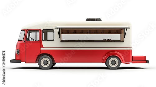Classic Red and White Food Truck with Serving Window, Isolated on White Background