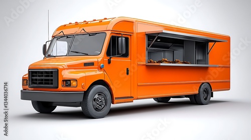 Orange Food Truck with Open Window for Street Food, Isolated on White Background