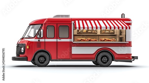 Classic Red Food Truck with Awning and Serving Window, Isolated on White Background