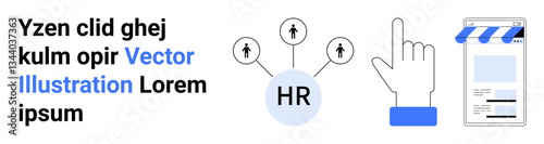HR network linking people, hand clicking interface, online storefront. Ideal for HR tools, business apps, e-commerce, team management, digital interaction, networking simple landing page