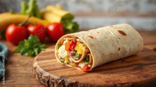 Flavorful Breakfast Wrap with Vegetables and Eggs on Wooden Board