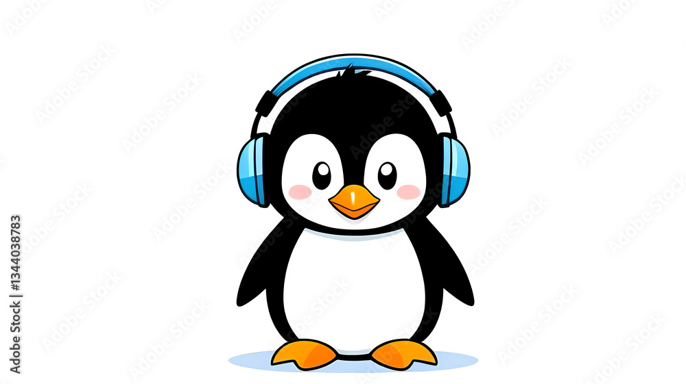 Obraz premium Cute penguin with headphones, playful and music-loving cartoon character design