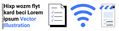wireless symbol links to productivity with checklist and online storefront. Ideal for business tools, e-commerce, efficiency, work organization, wireless communication, modern workplace, simple