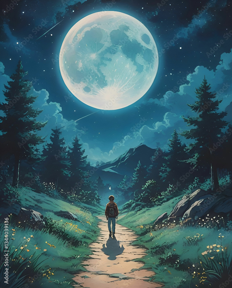 Fototapeta premium Image showing a traveler under a full blue moon.