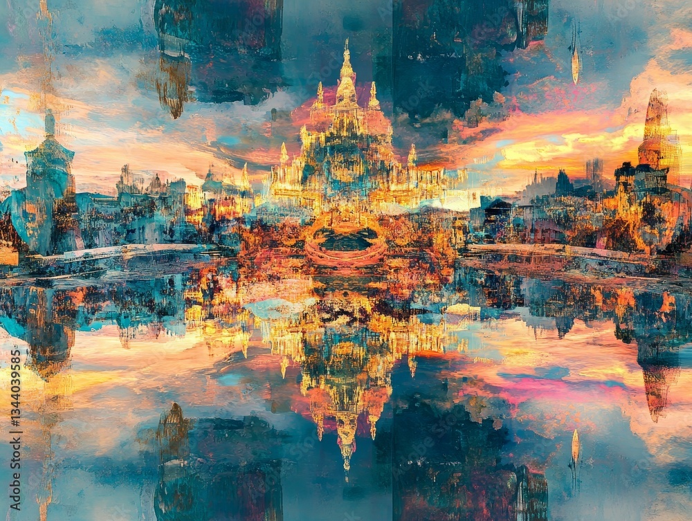 Fototapeta premium Ornate city reflected in shimmering water abstract