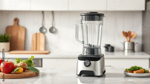 Modern Kitchen with Blender and Fresh Ingredients on Countertop