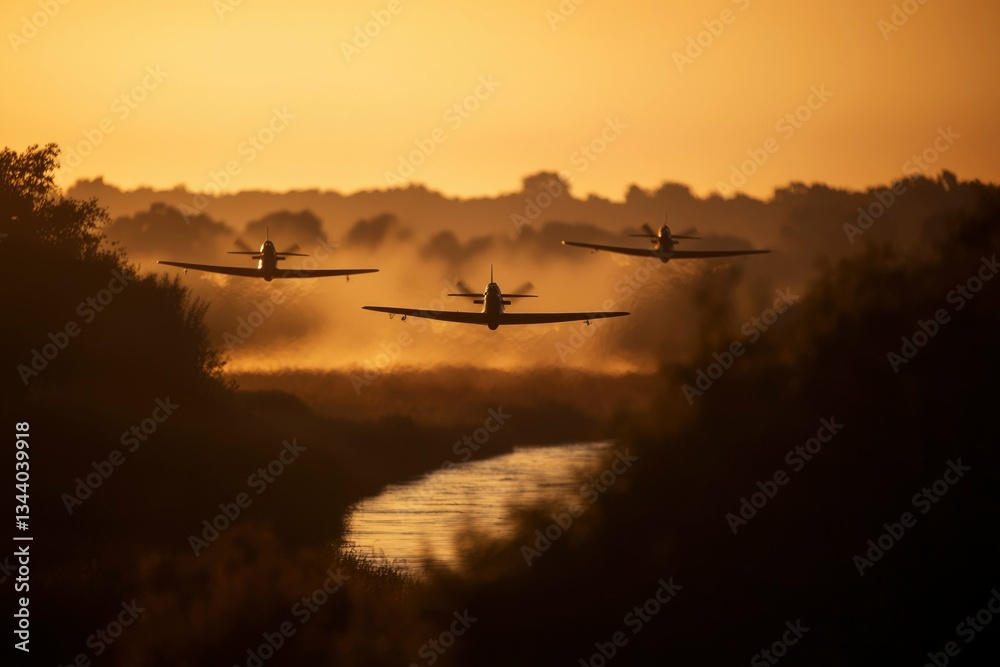 Fototapeta premium Three planes fly low over a foggy river in the sunset. Stock for travel concepts