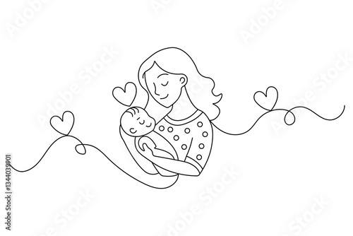 Mother and baby continuous single line art and isolated outline vector design
