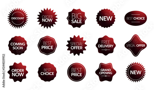 Vector set of red promotional badges with different shapes and text: "Discount," "Big Sale," "New," "Best Price," "Special Offer," "Free Delivery," etc.