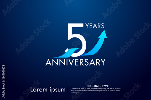5th years anniversary celebration emblem. anniversary logo isolated with arrow growth up and blue ribbon on dark blue background. vector illustration template design for web, flyers, poster, greeting