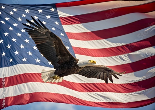 patriotic eagle taking wing in front of US flag. Patriotic eagle taking wing. 