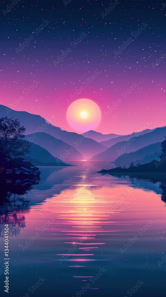 Fototapeta premium Pink Sunrise over Mountain Lake, Stars, Misty Background
