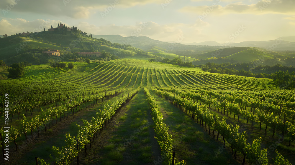 Naklejka premium Sunlit vineyard in rolling green hills with distant villa under a scenic sky