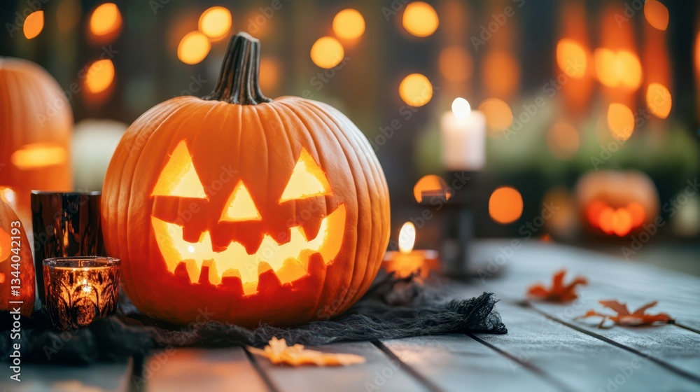 Fototapeta premium Halloween's Glowing Embrace: Carved jack-o'-lanterns illuminate a rustic scene with candlelight, evoking the spirit of Halloween and autumn's cozy charm.