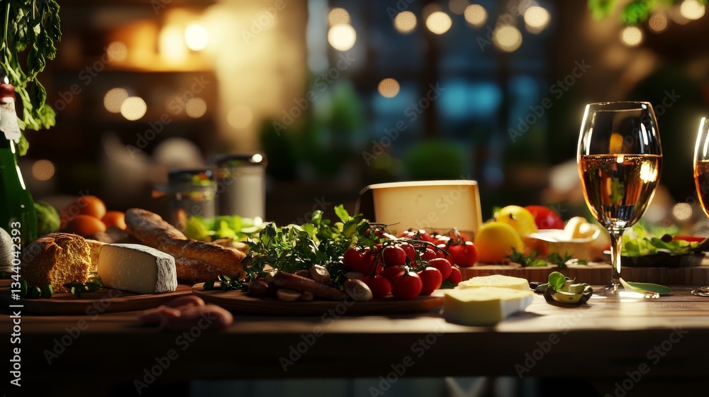 Charming dining table with fresh ingredients, artisanal bread, and cozy kitchen ambiance Charming dining table with fresh ingredients, artisanal bread, and cozy kitchen ambiance