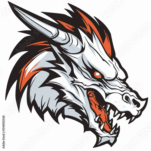 Wallpaper Mural White and red dragon head vector illustration with sharp teeth, ideal for gaming, esports, and branding materials. Torontodigital.ca
