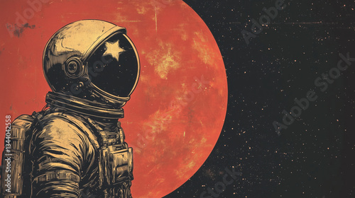 Fototapeta Naklejka Na Ścianę i Meble -  Vintage Soviet poster for Cosmonautics Day, April 12. Astronaut observing red planet from space, exploring new worlds. Retro propaganda. Russia’s space history.