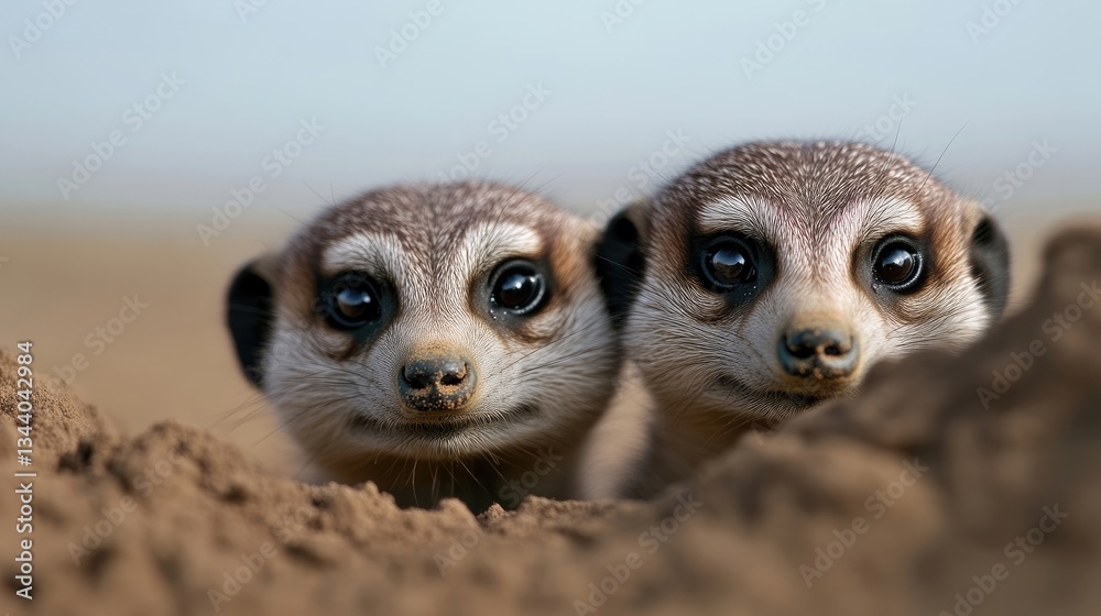 Fototapeta premium Two meerkats peek from burrow