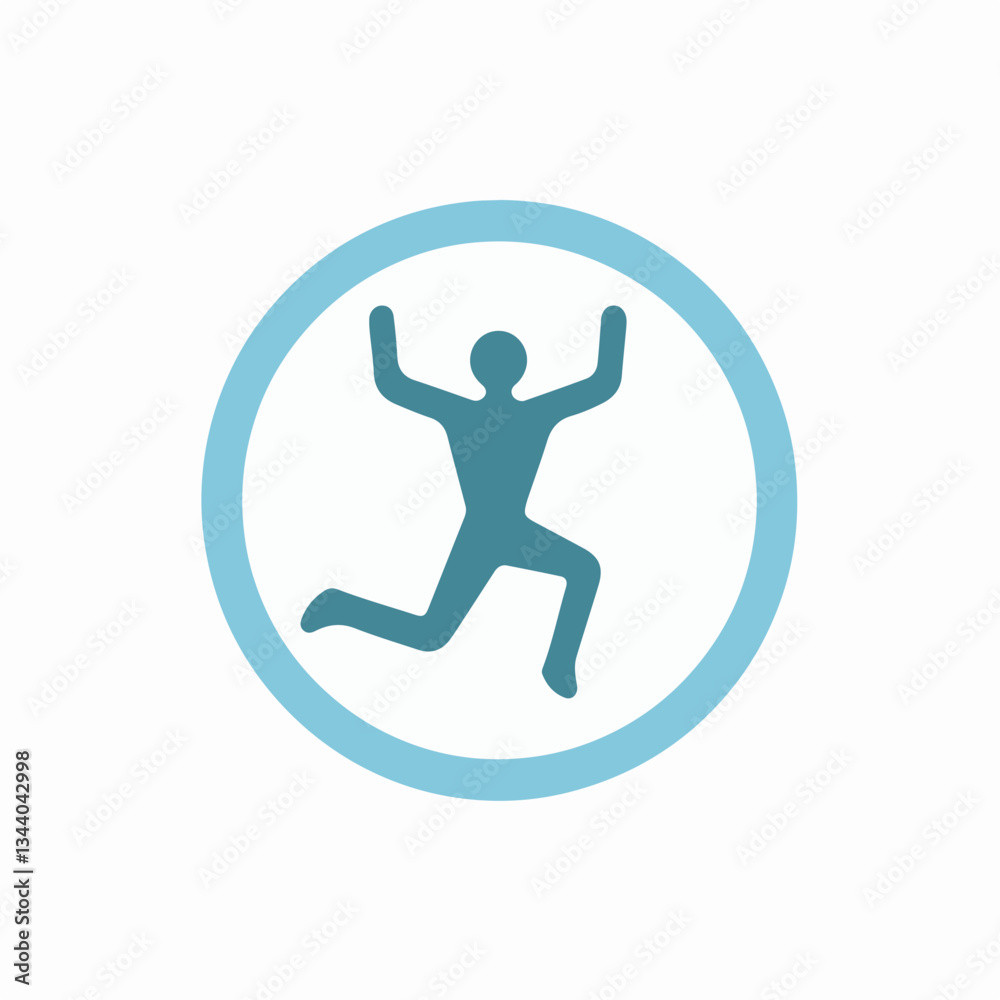 Abstract vector icon of a jumping figure enclosed in a blue circle, symbolizing movement, energy, and fitness. Abstract vector icon of a jumping figure enclosed in a blue circle, symbolizing movement, energy, and fitness.