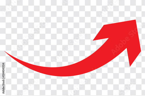 A simple, red, curved arrow pointing to the up on a transparent background. Direction symbol. Vector illustration