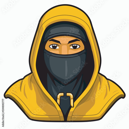 Vector illustration of a mysterious hooded figure with a yellow cloak and black face mask, featuring sharp eyes and a serious expression.