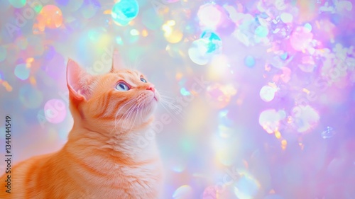 Orange cat mesmerized by colorful bubbles in a dreamy background filled with sparkling lights