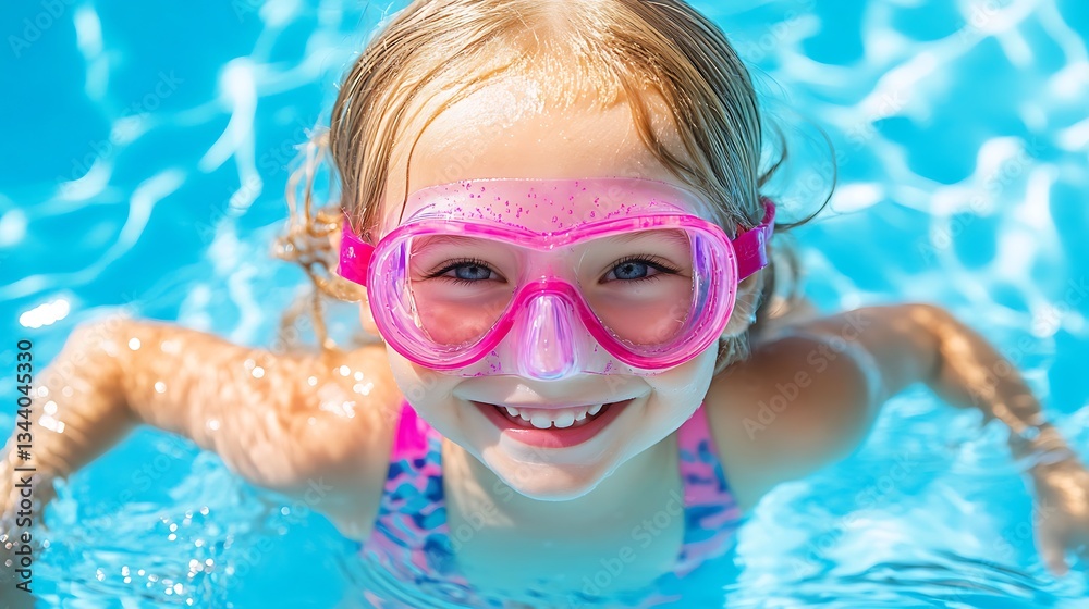 Naklejka premium Smiling young girl swims in clear blue pool water