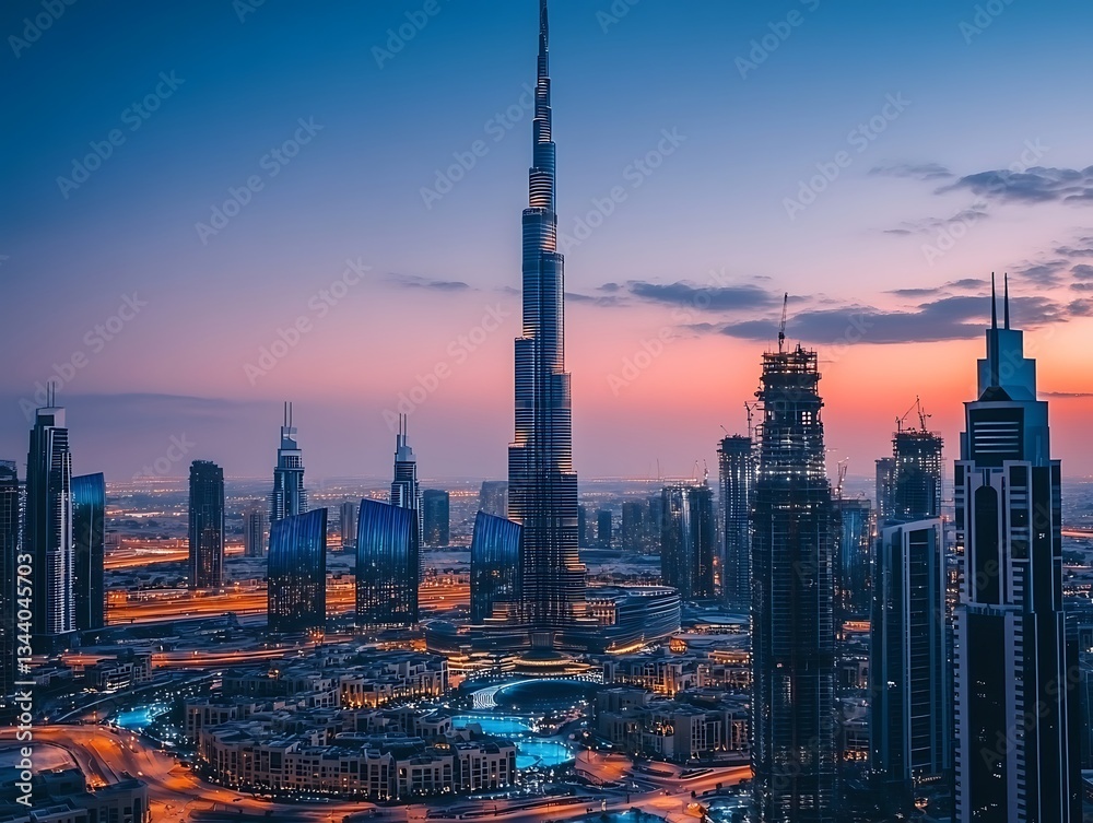 Obraz premium A modern cityscape features several tall skyscrapers under a colorful sky