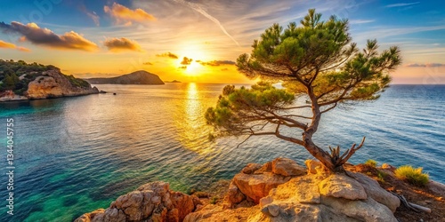 Ibiza Sunset: Idyllic Sea View with Lone Pine on Rock