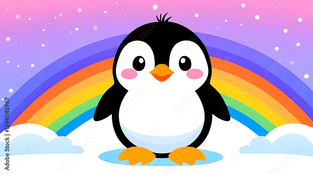 Naklejka premium Penguin with rainbow background, colorful and cheerful illustration with a fun vibe