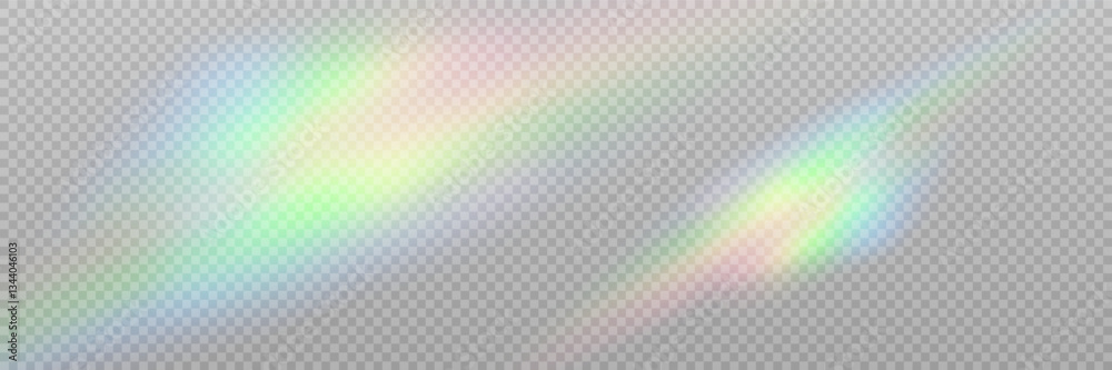 Rainbow crystal light leak flare reflection effect. Vector illustration set. Colorful optical rainbow lights beam lens flare leak overlay streaks on transparent dark background