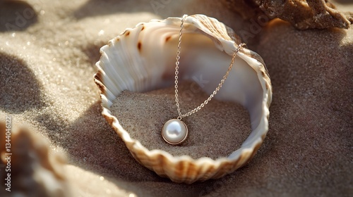 A pearl pendant necklace with a delicate gold chain rests inside a seashell on a sandy beach