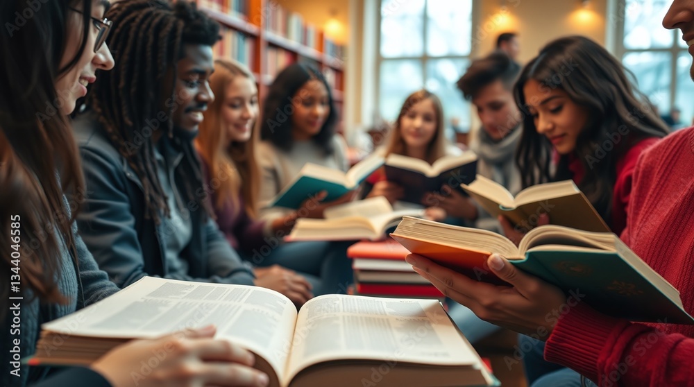 Group of Students Reading Books Together in a Cozy Library Setting,adult education Group of Students Reading Books Together in a Cozy Library Setting,adult education