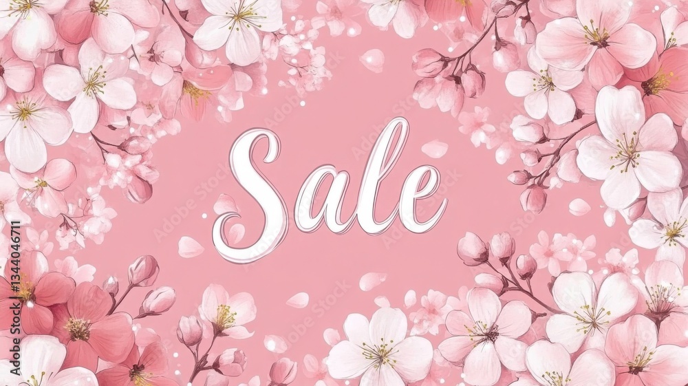 Sale announcement surrounded by blooming cherry blossoms and pink floral decorations for seasonal promotion Sale announcement surrounded by blooming cherry blossoms and pink floral decorations for seasonal promotion