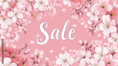 Sale announcement surrounded by blooming cherry blossoms and pink floral decorations for seasonal promotion