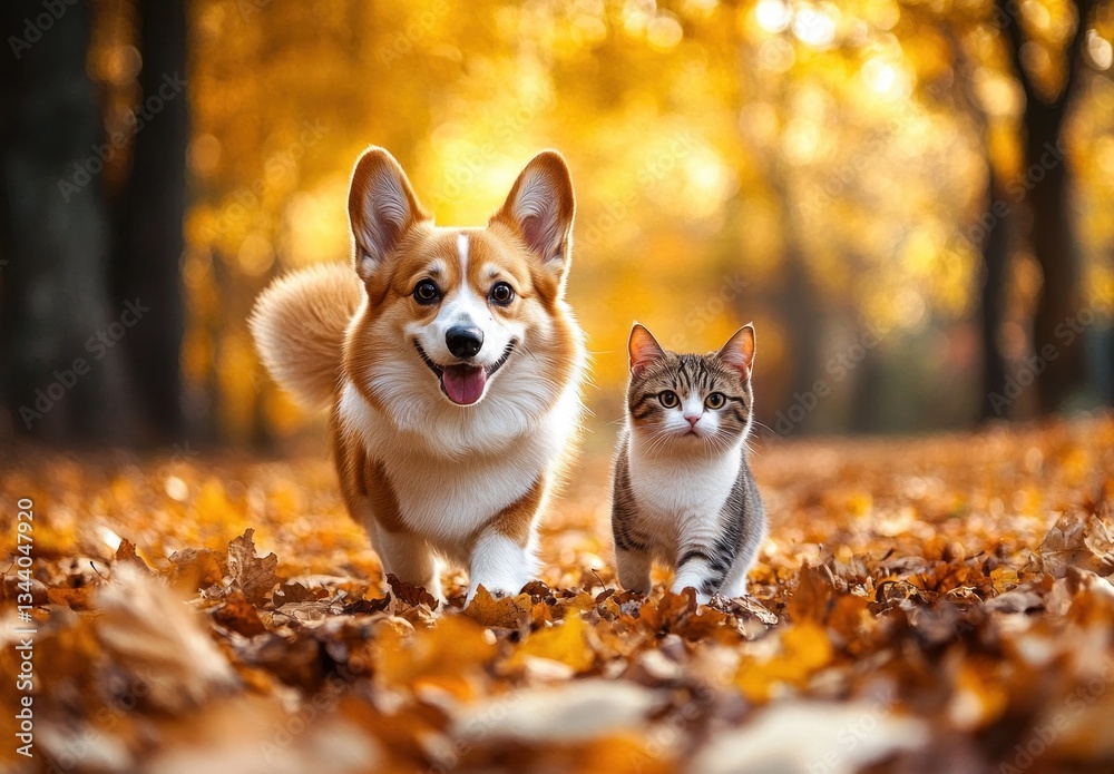 Fototapeta premium corgi dog and cat walking together in autumn forest with golden leaves sunny park