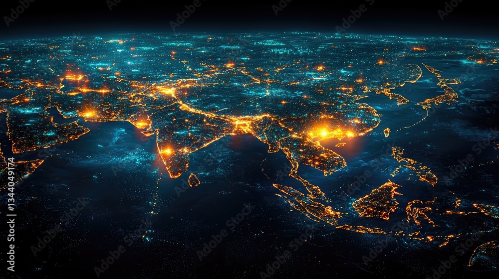 Obraz premium Aerial view of illuminated cities across Asia at night showcasing urban life