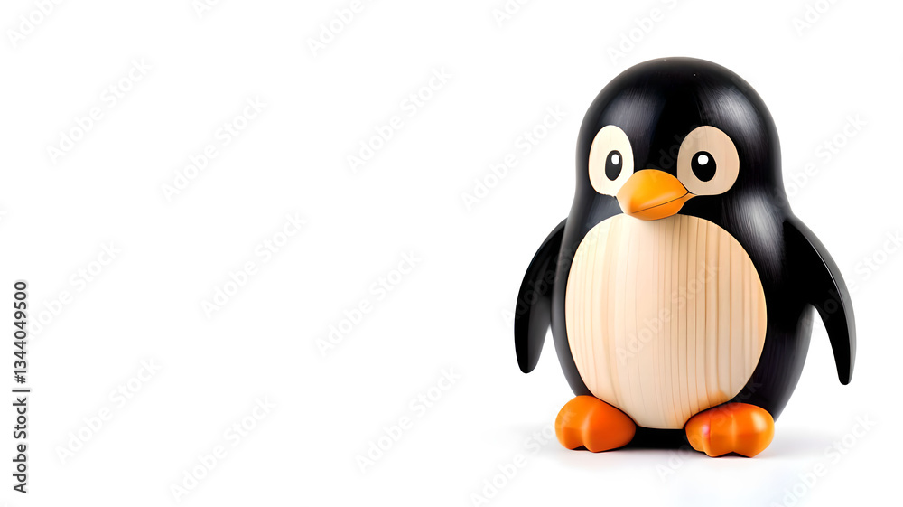 Fototapeta premium Wooden penguin toy, minimalist handcrafted design on a white background