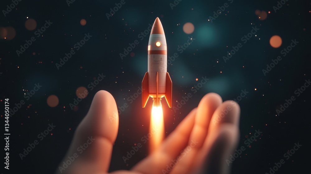 Hand Releasing Rocket into the Sky with Bright Flames and Sparkles in the Background at Night Hand Releasing Rocket into the Sky with Bright Flames and Sparkles in the Background at Night