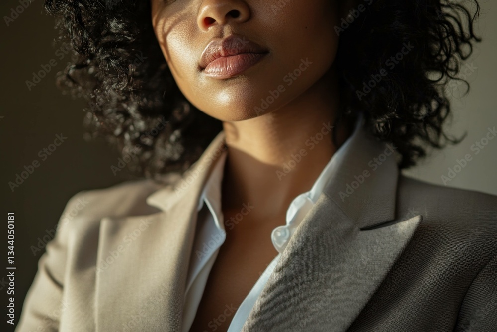 Elegant African American woman in sophisticated attire showcasing confidence and poise with a neutral toned background, perfect for professional branding