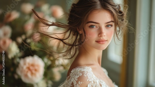 A young woman with flowing hair and subtle makeup stands elegantly in a sunlit room. Beautiful flowers create a serene backdrop, enhancing her gentle expression. The atmosphere is soft and fresh.