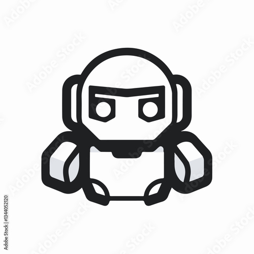 Minimalist black and white robotic face icon with a futuristic and mechanical appearance.